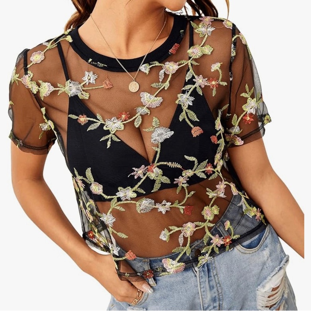 Sexy mesh embroidered floral top